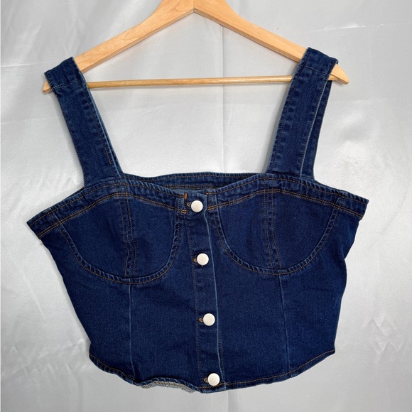 Allegra K Blue Denim Crop Top - Picture 2 of 10